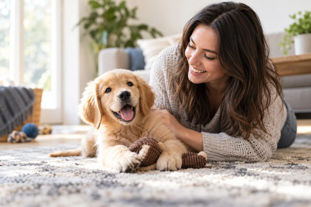 Owner smiling beside a young golden-colored dog at home