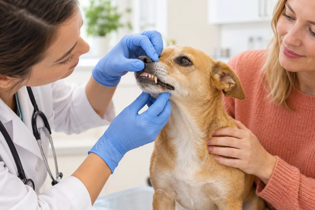 Veterinarian examining a dog’s mouth
